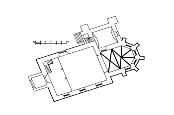 půdorys kostela ( © Jana Marešová (ed.): Fontes historiae artium XIII: Edice nedokončeného soupisu památek politického okresu pardubicko-holicko-přeloučského, Artefactum, Praha 2007)