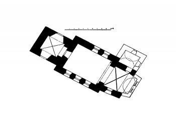 půdorys kostela ( © Josef Soukup: Soupis památek historických a uměleckých v Království Českém, sv. 33 Politický okres písecký, Archaelogická komise při České akademii císaře Františka Josefa pro vědy, slovesnost a umění, Praha 1910)