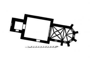 půdorys kostela (© Bohumil Matějka: Soupis památek historických a uměleckých v Království Českém, sv. 04 Politický okres roudnický, I. díl, Archaelogická komise při České akademii císaře Františka Josefa pro vědy, slovesnost a umění, Praha 1898)