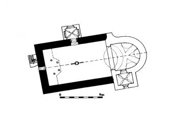 půdorys kostela ( © Lucie Kracíková, Vojtěch Belling: Středověká sakrální architektura na Frýdlantsku, Vlastivědná knihovnička SPS, sv. 12, Společnost přátel starožitností a Unicornis, Praha 2003)
