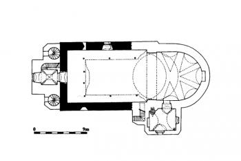 půdorys kostela ( © Lucie Kracíková, Vojtěch Belling: Středověká sakrální architektura na Frýdlantsku, Vlastivědná knihovnička SPS, sv. 12, Společnost přátel starožitností a Unicornis, Praha 2003)