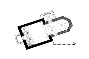 půdorys kostela ( © Lucie Kracíková, Vojtěch Belling: Středověká sakrální architektura na Frýdlantsku, Vlastivědná knihovnička SPS, sv. 12, Společnost přátel starožitností a Unicornis, Praha 2003)