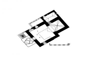 půdorys kostela ( © Lucie Kracíková, Vojtěch Belling: Středověká sakrální architektura na Frýdlantsku, Vlastivědná knihovnička SPS, sv. 12, Společnost přátel starožitností a Unicornis, Praha 2003)