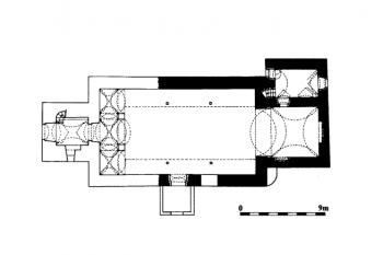 půdorys kostela ( © Lucie Kracíková, Vojtěch Belling: Středověká sakrální architektura na Frýdlantsku, Vlastivědná knihovnička SPS, sv. 12, Společnost přátel starožitností a Unicornis, Praha 2003)