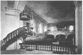 Pohled z presbytáře nového kostela do lodi ( © P. F. Schwind: Pamětní spis u příležitosti dokončení katolického kostela v Raspenavě, reprint město Raspenava 2008)