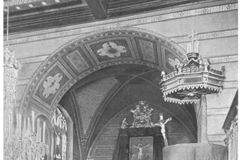 Interiér presbytáře původního kostela ( © P. F. Schwind: Pamětní spis u příležitosti dokončení katolického kostela v Raspenavě, reprint město Raspenava 2008)
