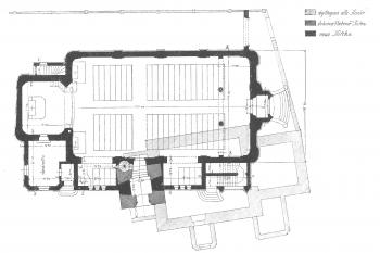 Půdorys původního (slabě) a nového kostela ( © P. F. Schwind: Pamětní spis u příležitosti dokončení katolického kostela v Raspenavě, reprint město Raspenava 2008)