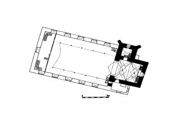 půdorys kostela ( © Lucie Kracíková, Vojtěch Belling: Středověká sakrální architektura na Frýdlantsku, Vlastivědná knihovnička SPS, sv. 12, Společnost přátel starožitností a Unicornis, Praha 2003)