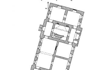 půdorys přízemí ( © Jiří Úlovec: Zámek v Elbančicích, Výběr, časopis pro historii a vlastivědu jižních Čech XLIII/3, Jihočeské muzeum, České Budějovice, 2006)
