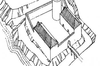 rekonstrukce podoby hradu na konci 13. století (© P. Šimeček podle M. Plačka (in Libor Jan: Václav II. a struktury panovnické moci, Matice moravská v Brně, Brno 2006))
