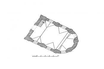 půdorys kaple ( © Podlaha: Soupis památek historických a uměleckých v Království Českém, sv. 06 Politický okres mělnický, Archaelogická komise při České akademii císaře Františka Josefa pro vědy, slovesnost a umění, Praha 1899)
