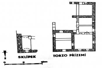 půdorysné zaměření zbytků tvrze (© Kašička, Nechvátal: Hrady, hrádky a tvrze na Strakonicku, Blatensku a Vodňansku, 2014)