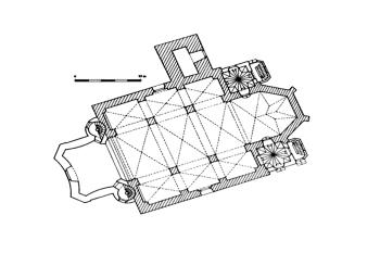 půdorys kostela ( © Lucie Kracíková, Jan Smetana: Románská a gotická sakrální architektura v okrese Česká Lípa, Vlastivědná knihovnička SPS, sv. 9, Společnost přátel starožitností a Unicornis, Praha 2003)
