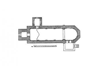 půdorys kostela ( © Antonín Podlaha: Soupis památek historických a uměleckých v Království Českém, sv. 13 Politický okres příbramský, Archaelogická komise při České akademii císaře Františka Josefa pro vědy, slovesnost a umění, Praha 1901)