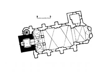 půdorys kostela ( © Anežka Merhautová: Raně středověká architektura v Čechách, Academia, Praha 1971)