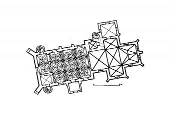 půdorys kostela ( © Milada a Oldřich Radovi: Sklípková klenba a prostor, Umění VIII/5, Nakladatelství Československé akademie věd, Praha 1960)