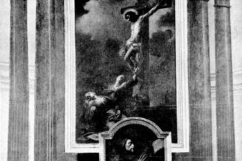 hlavní oltář s obrazy Kristus na kříži (Petr Brandl) a sv. František (Josef Bergler) ( © František Bareš: Soupis památek historických a uměleckých v Království Českém, sv. 21 Politický okres mladoboleslavský, Archaelogická komise při České akademii císaře Františka Josefa pro vědy, slovesnost a umění, Praha 1905)