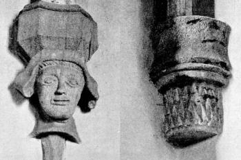 dvě z klenebních konzol presbytáře ( © Antonín Cechner: Soupis památek historických a uměleckých v Království Českém, sv. 39 Politický okres rakovnický, II. díl, Archaelogická komise při České akademii císaře Františka Josefa pro vědy, slovesnost a umění, Praha 1913)