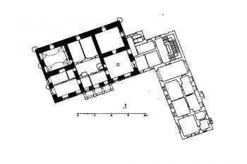 plán přízemí zámku ( © J. Úlovec, H. Klímová, M. Maxa (in Ohrožené hrady, zámky a tvrze Čech, díl 2. N-Ž, Libri, Praha 2005))