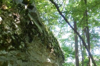 Dvojitý příkop mezi předhradím a jádrem, detail odsekání skály (© Jan Večeřa, 07/2015)