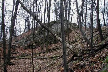 Pohled na čelo předního hradu se zachovalou hradbou ( © Roman Řezáč 12/2002)