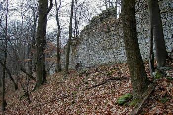 Severní hradba předního hradu, nad ní vedla přístupová cesta na zadní hrad ( © Roman Řezáč 12/2002)