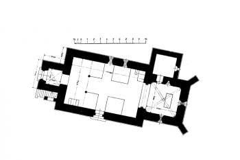 půdorys kostela ( © František Bareš: Soupis památek historických a uměleckých v Království Českém, sv. 21 Politický okres mladoboleslavský, Archaelogická komise při České akademii císaře Františka Josefa pro vědy, slovesnost a umění, Praha 1905)