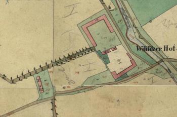 Dvůr v r. 1833. ( © https://archivnimapy.cuzk.cz/uazk/pohledy/archiv.html)