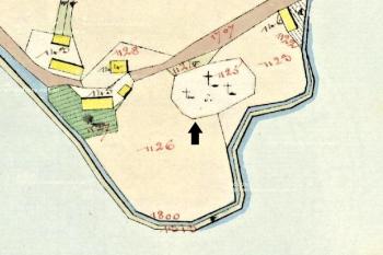 vyznačení dožívajícího starého hřbitova se zaniklým kostelem na mapě stabilního katastru ze 30. let 19. století ( © dle www.archivnimapy.cuzk.cz zpracoval Jan P. Štěpánek)