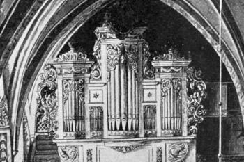 kůr a staré varhany, stav před r. 1884 (© Gurlitt, Cornelius: Beschreibende Darstellung der älteren Bau- und Kunstdenkmäler des Königreichs Sachsen, Band 34. Amtshauptmannschaft Löbau, C. C. Meinhold & Sohne, Dresden 1910)