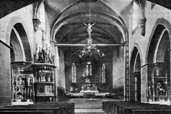interiér kostela na počátku 20. století (© Antonín Podlaha: Posvátná místa království Českého; Díl 4., Vikariáty: Kolínský a Rokycanský, Dědictví sv. Jana Nepomuckého, Praha 1910)