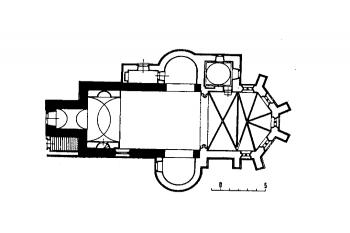 půdorys zbořeného středověkého kostela (© Anežka Merhautová: Raně středověká architektura v Čechách, Academia, Praha 1971)