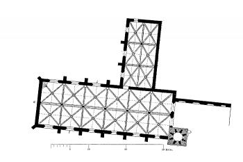půdorys kláštera (© Steche, Richard: Beschreibende Darstellung der älteren Bau- und Kunstdenkmäler des Königreichs Sachsen. Heft 1: Amtshauptmannschaft Pirna, C. C. Meinhold & Söhne, Dresden 1882)