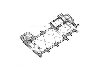 půdorys kostela ( © Alžběta Birnbaumová, Libuše Jansová: Soupis památek historických a uměleckých v Čechách, sv. 44 Politický okres čáslavský, Archaelogická komise při České akademii věd a umění, Praha 1929)