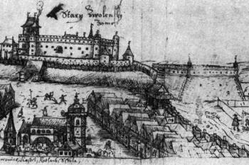 pohled od severozápadu na vedutě Jana Willenberga z 90. let 16. století (© fotorepro: Ludvík Skružný: Willenbergův 'strahovský skicář' z roku 1602... , Archaeologia historica 13, Musejní a vlastivědná společnost v Brně, Brno 1988)