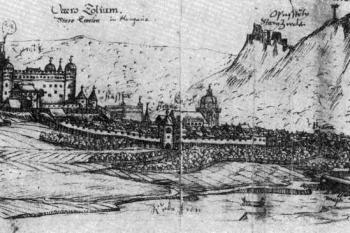 pohled od severovýchodu na vedutě Jana Willenberga z 90. let 16. století (© fotorepro: Ludvík Skružný: Willenbergův 'strahovský skicář' z roku 1602... , Archaeologia historica 13, Musejní a vlastivědná společnost v Brně, Brno 1988)