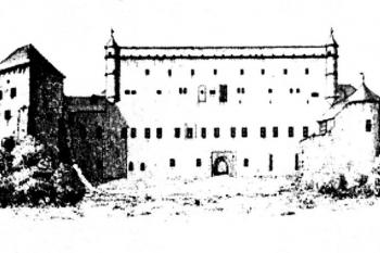 pohled od severu, F. Kubinyi, 1864 (© fotorepro: Mária Smoláková: Stredoveké nástenné maľby Zvolenského hradu, Archaelogia historica 27, Musejní a vlastivědná společnost v Brně, Brno 2002)