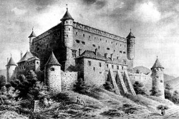 pohled od jihozápadu na akvarelu V. Myszkovszkyho z roku 1895 (© fotorepro: Mária Smoláková: Stredoveké nástenné maľby Zvolenského hradu, Archaelogia historica 27, Musejní a vlastivědná společnost v Brně, Brno 2002)