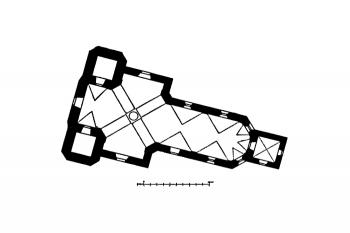 půdorys kostela (© Karel Hostaš, Ferdinand Vaněk: Soupis památek historických a uměleckých v Království Českém, sv. 12 Politický okres Sušický, Archaelogická komise při České akademii císaře Františka Josefa pro vědy, slovesnost a umění, Praha 1900)