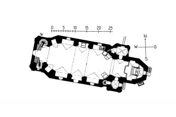 půdorys kostela (© Anton Gnirs: Topographie der historischen und kunstgeschichtlichen Denkmale in der tschechoslowakischen Republik sv. 50 die Bezirke Tepl und Marienbad, Deutsche Gesellschaft der Wissenschaften und Künste für die Tschechoslowakische Republik in Prag, 193)