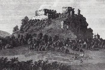 Rytina z roku 1840 s pohledem od západu na hrad Andělská Hora (Engelsburg), věž kostela sv. Michaela Archanděla je na pravé straně  rytiny ve střední části. (© Ilja  Smetana, 05/2012)