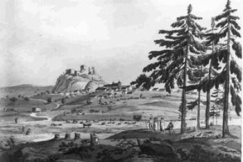 Rytina s pohledem od Jihu na obec a hrad Andělská Hora (Engelsburg), kostel sv. Michaela Archanděla vpravo dole pod zříceninou hradupod (© Ilja  Smetana, 05/2012)