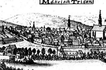 město od jihozápadu na vedutě F. B. Wernera z poloviny 18. století (© F. B. Werner, cca 1840 (reprofoto Karel Kuča: Města a městečka v Čechách, na Moravě a ve Slezsku Ml-Pan (IV. díl), Libri, Praha 2009))