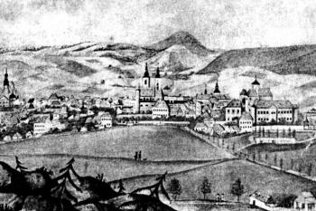 město od západu na vedutě z počátku 19. století (© reprofoto Karel Kuča: Města a městečka v Čechách, na Moravě a ve Slezsku Ml-Pan (IV. díl), Libri, Praha 2009)