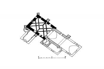 půdorys kostela (© kol.: Umělecké památky Čech, část 2. [K/O], Academia, Praha 1978)