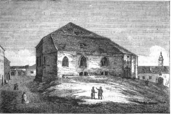 kostel roku 1835, krátce před zbořením podle F. Domka (© Státní okresní archiv Olomouc (in Dohnal, Vít: Archeologické památky střední Moravy; sv. 10. Tři nejstarší olomoucké kostely, Archeologické centrum Olomouc, Olomouc 2006))