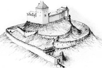 Bradlec - rekonstrukce podoby hradu (© Rostislav Vojkovský in Přemysl Špráchal: Bradlec, Beatris, Dobrá 2002)