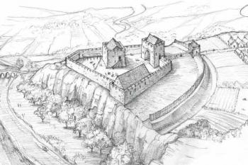 Perspektivní rekonstrukce podoby hradu ve 13. stol. (© Rhoda Cronin, Heritage Castles of County Cork, 2017)