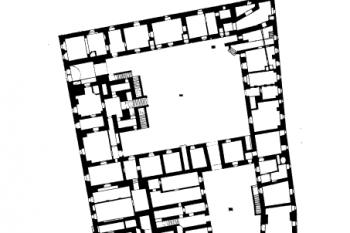 půdorys přízemí (stav před r. 1921 (© Antonín Cechner: Soupis památek historických a uměleckých v Čechách, sv. 42 Politický okres kaplický, Archaelogická komise při České akademii věd a umění, Praha 1921)