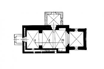 půdorys kostela (© kol.: Umělecké památky Čech, část 2. [K/O], Academia, Praha 1978)